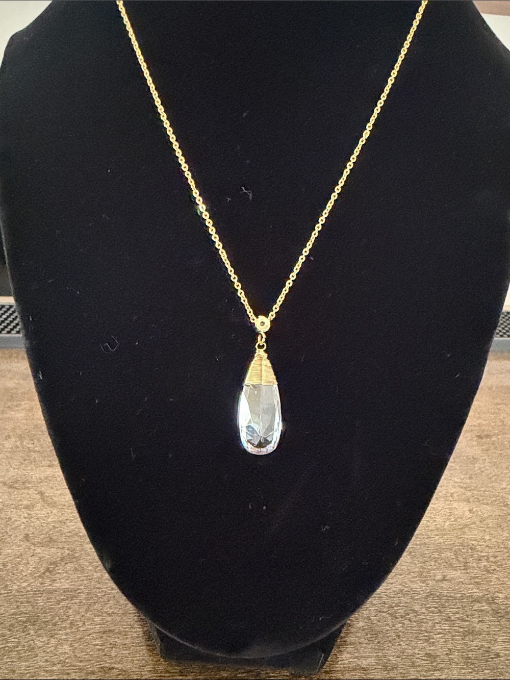 Gold Chain Necklace with Clear Teardrop Pendant - Women Jewelry